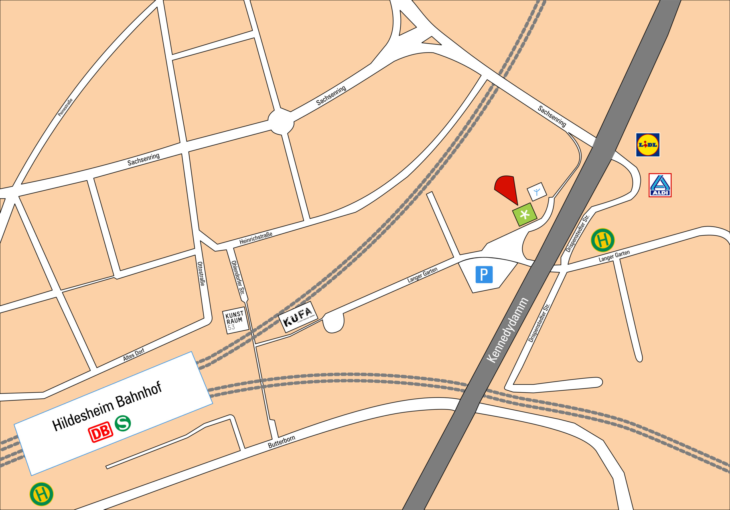 Kartenausschnitt der Hildesheimer Nordstadt. Ein roter Pfeil zeigt auf die Stelle, wo das Theaterhaus ist.